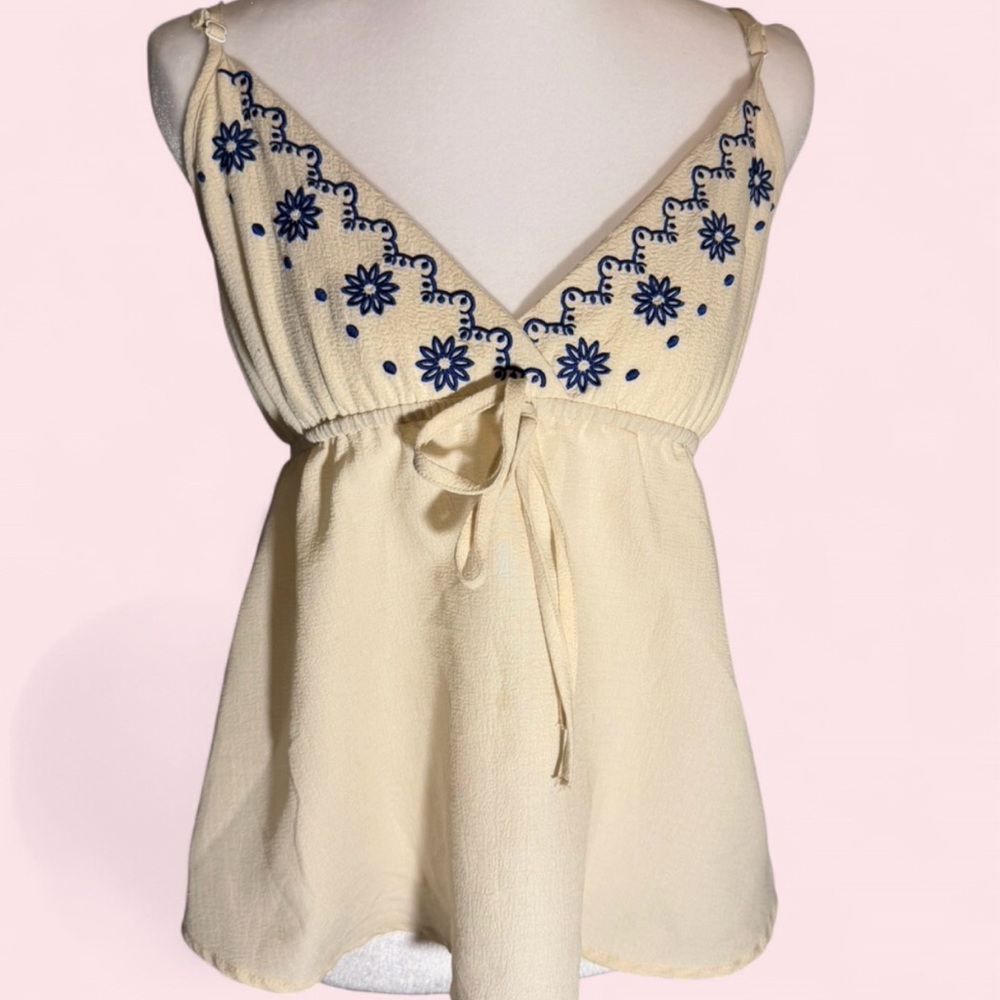 SHEIN Cream Blouse with Blue Embroidery